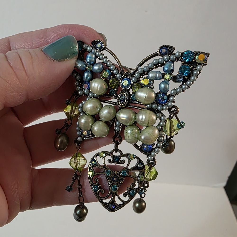 Vtg Butterfly Freshwater Pearl Crystal Brooch - Picture 2 of 6
